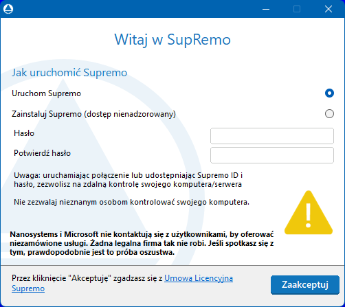 Okno programu SupRemo – połączenie